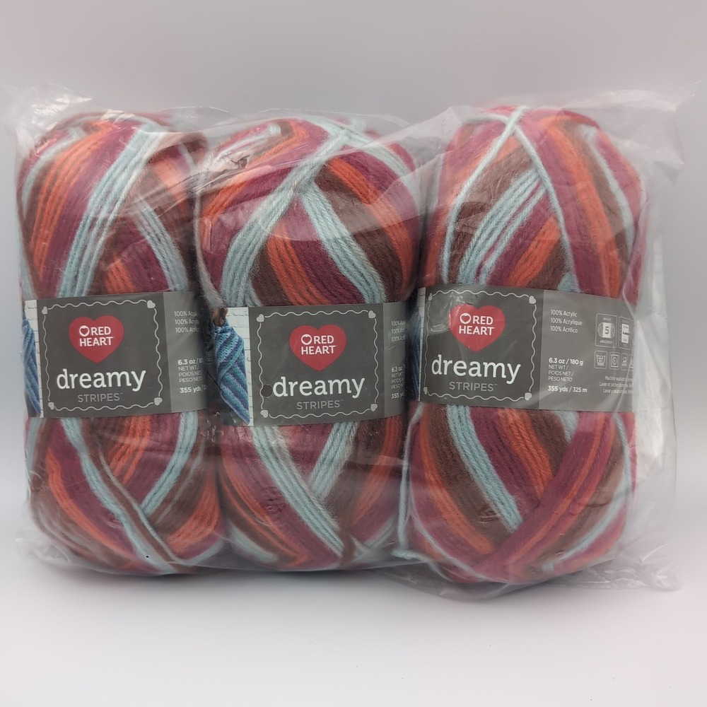 3 Red Heart Dreamy Stripes Yarn Sunset Bulky 5 Orange Blue Same Dye Discontinued